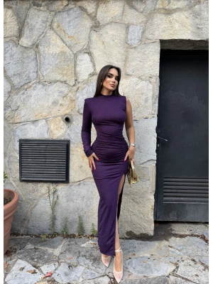 Mor Tek Kol Simli Drapeli Elbise