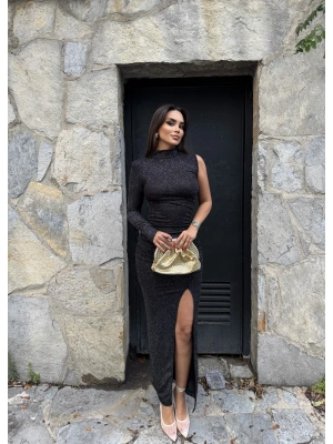 Siyah Tek Kol Simli Drapeli Elbise