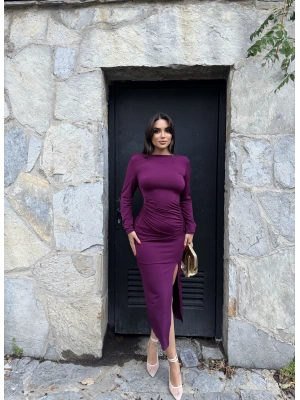 Mor Yırtmaçlı Sırt Dekolte Tasarım Elbise