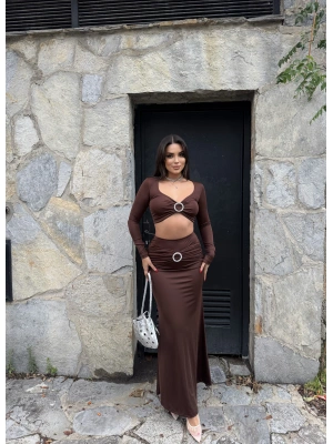 Kahverengi Taş Aksesuarlı Etek Takım
