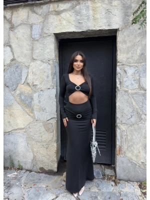 Siyah Taş Aksesuarlı Etek Takım
