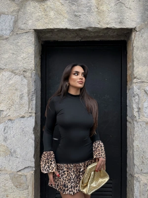 Siyah Leopar Fırfırlı Mini Elbise