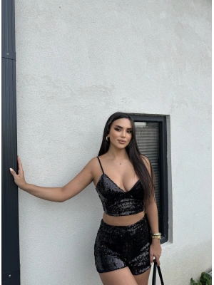 Siyah Payetli Şort Büstiyer Takım