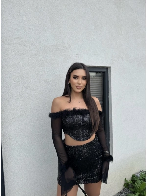 Siyah Payetli Tül Detay Takım