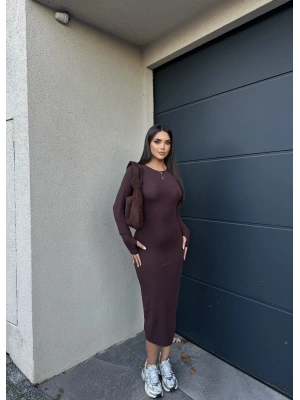 Kahverengi Bisiklet Yaka Parmak Geçirmeli Elbise