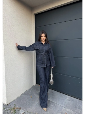 Koyu Mavi Kuşaklı Denim Takım