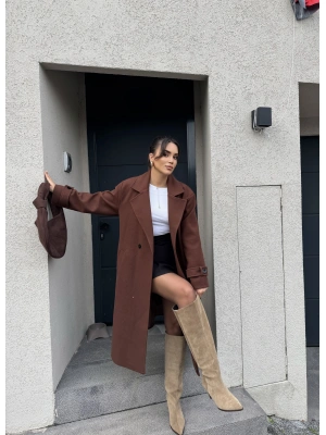 Kahverengi Uzun Kuşaklı Kaşe Kaban