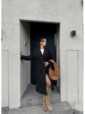 Siyah Uzun Kuşaklı Kaşe Kaban