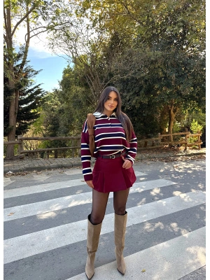 Bordo Pileli Kemerli Şort Etek