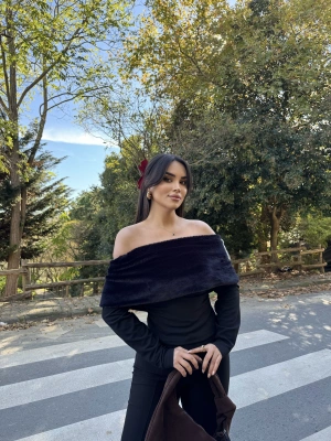 Siyah Kürk Detay Madonna Bluz