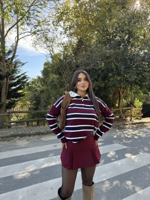 Polo Yaka Bordo Lacivert Çizgili Triko Kazak