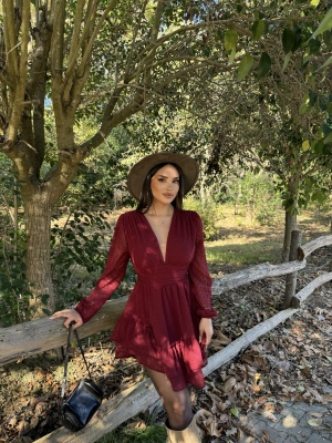 Bordo V Yaka Güpürlü Elbise