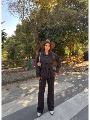 Kahverengi Kuşaklı Denim Takım