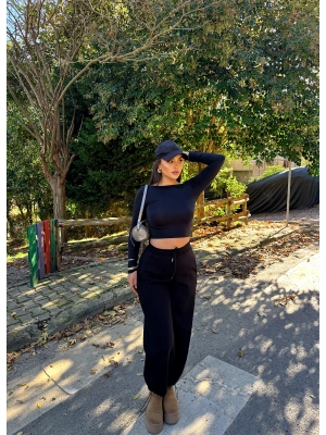 Siyah Şardonlu Barrel Fit Eşofman Altı