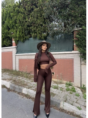 Kahverengi Balıkçı Yaka İspanyol Kol Crop Tayt Takım