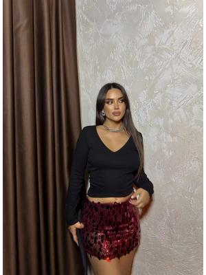 Bordo Payetli Mini Etek