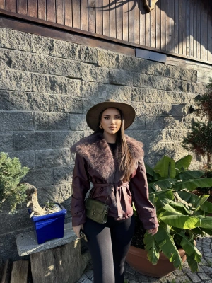 Bordo Kürklü Deri Premium Ceket