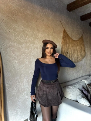 Kahverengi Kadife Çift Kemer Şort Etek