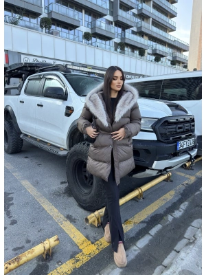 Kahverengi Kürklü Oversize Premium Mont