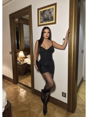 Siyah Taşlı Korse Detay Elbise