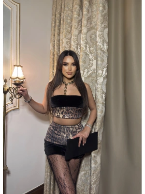 Leopar Straplez Siyah Kürk Detay Etek Takım