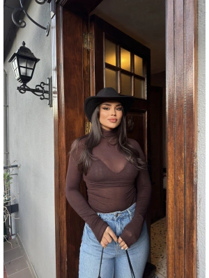 Kahverengi Balıkçı Yaka Transparan Bluz