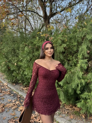 Bordo Dantel Detay Mini Elbise