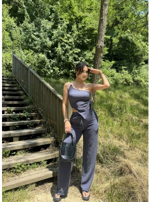 Lacivert Tek Omuz Asimetrik Takım