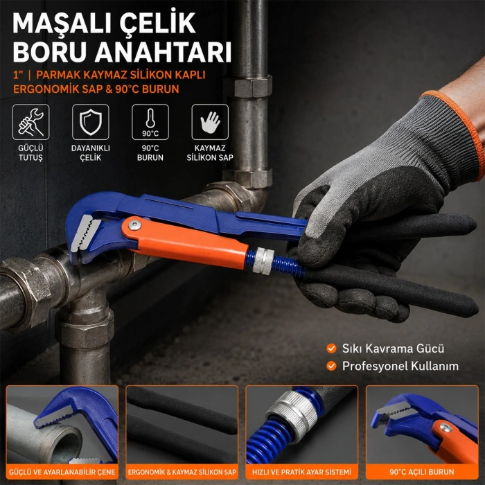 1 inç Çelik Boru Anahtarı (Silikon Saplı, 90° Maşalı)
