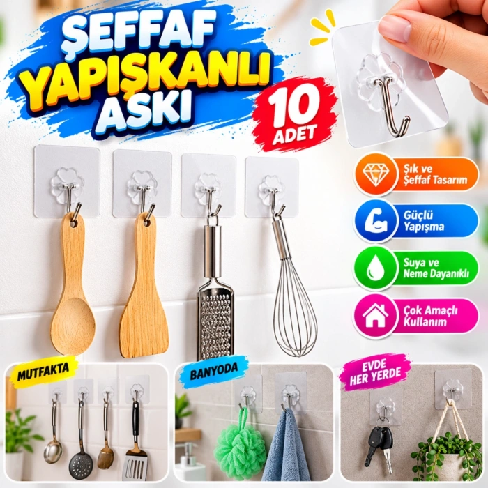 10 ADET Kendinden Yapışkanlı Şeffaf Askı