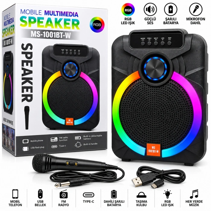 10 Karaoke Bluetooth Hoparlör (Mikrofonlu, Şarjlı, RGB)