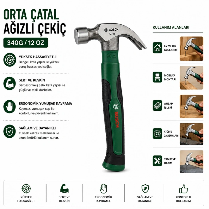 12 oz Orta Çatal Çekiç 24 cm - Ergonomik Yumuşak Sap