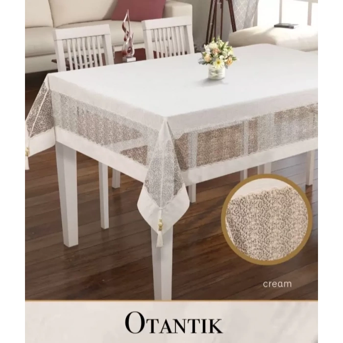 160x260 cm Otantik Model Krem Keten İşlemeli Dantelli Masa Örtüsü Modern Tasarım