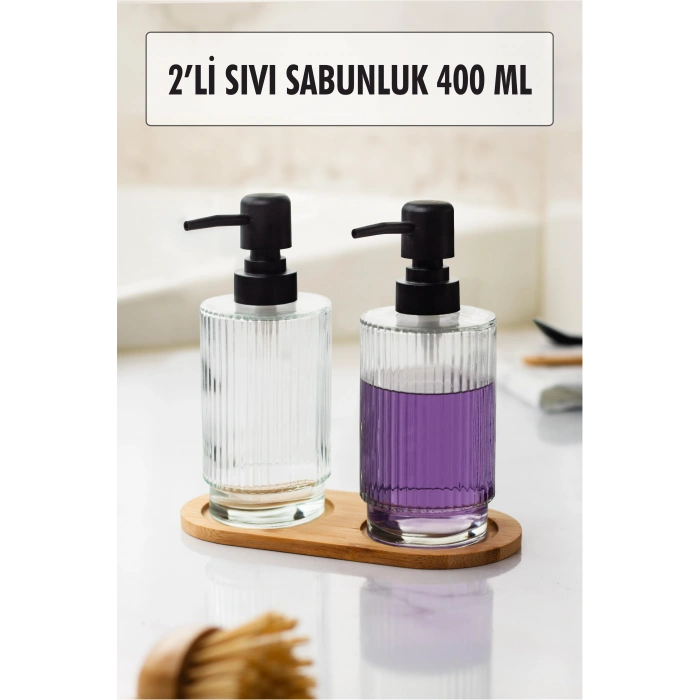 2 Li Bambu Altlıklı Sıvı Sabunluk Seti