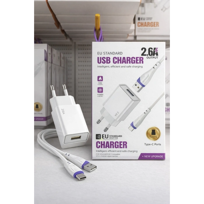 2.6A USB Sarj Adaptoru + Type-C Sarj Kablosu (EU)