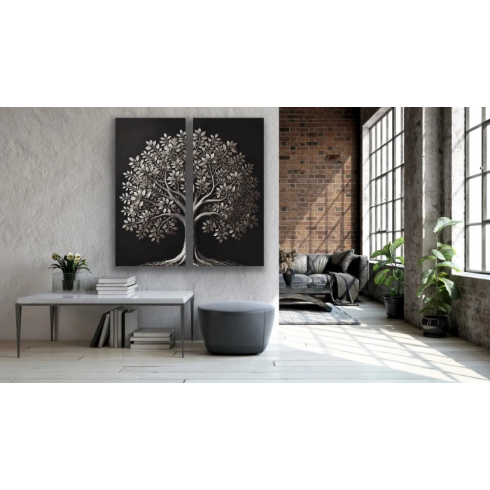 2li Eskitme Krom Ağaç Kanvas Tablo 60x120cm x2