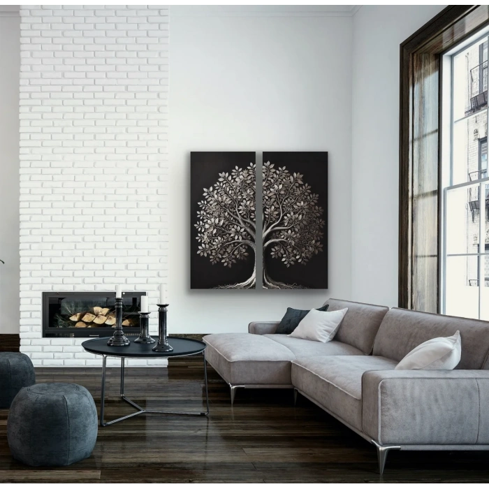 2li Eskitme Krom Ağaç Kanvas Tablo 60x120cm x2