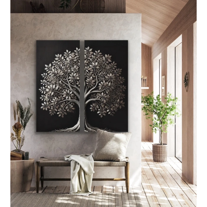 2li Eskitme Krom Ağaç Kanvas Tablo 60x120cm x2