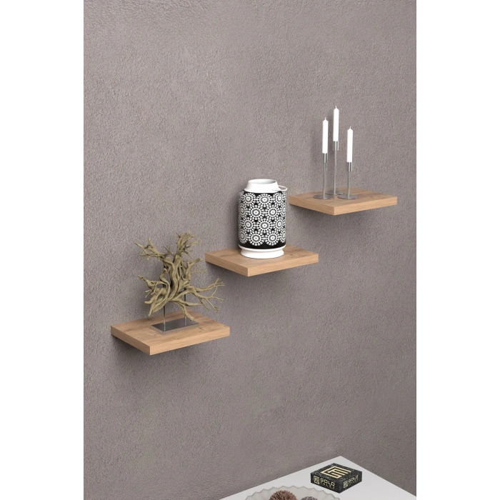 3lü Kare Duvar Rafı Ceviz