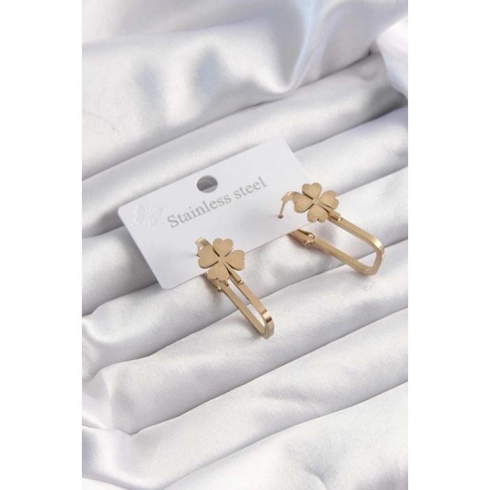 316L Çelik Gold Renk Geometrik Yonca Model Küpe