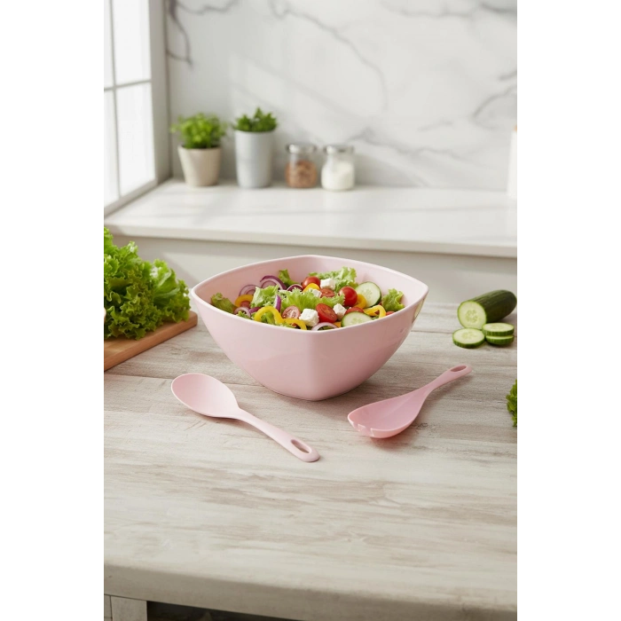3,5 Lt Soft Pembe Akrilik Kare Salata ve Servis Kasesi Seti ? 3 Parça