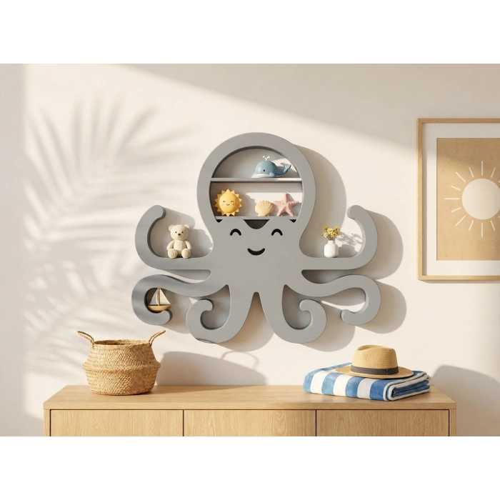 3D Baskı Ahtapot Duvar Rafı - Dekoratif Mini Raf-Gri