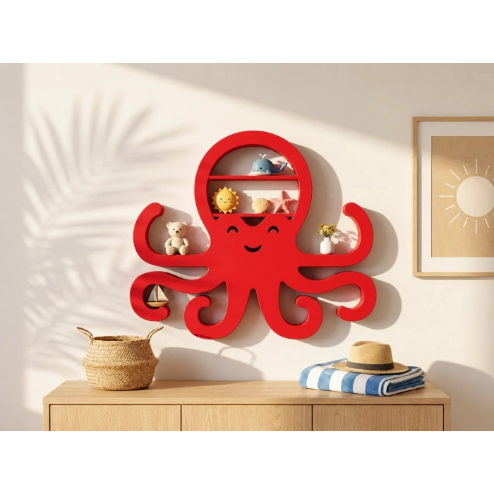 3D Baskı Ahtapot Duvar Rafı - Dekoratif Mini Raf-Kırmızı