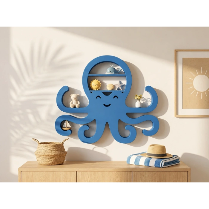 3D Baskı Ahtapot Duvar Rafı - Dekoratif Mini Raf-Mavi