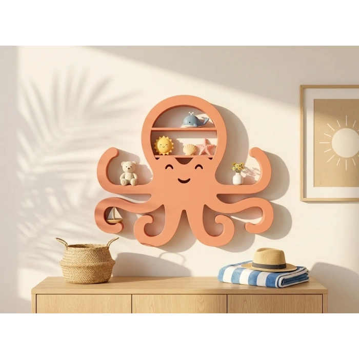 3D Baskı Ahtapot Duvar Rafı - Dekoratif Mini Raf-Turuncu
