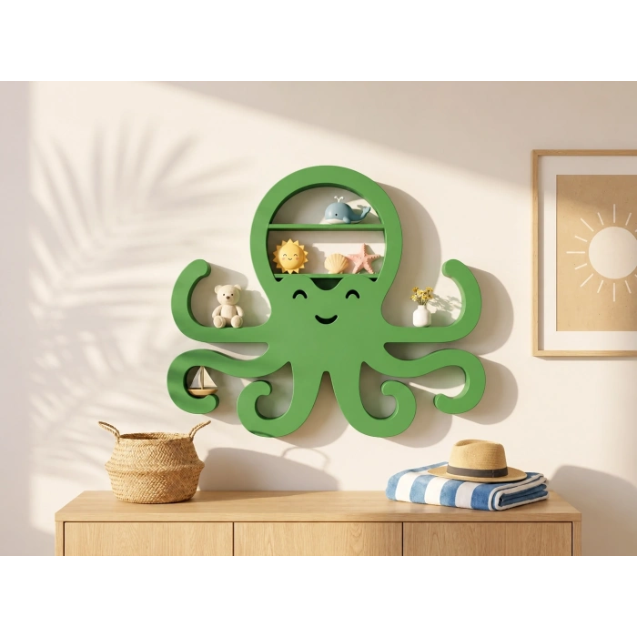 3D Baskı Ahtapot Duvar Rafı - Dekoratif Mini Raf-Yeşil