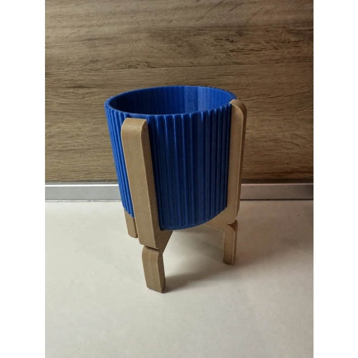 3D Baskı Ayaklı Çizgili Saksı - Bej Standlı Dekoratif Saksı - Mavi