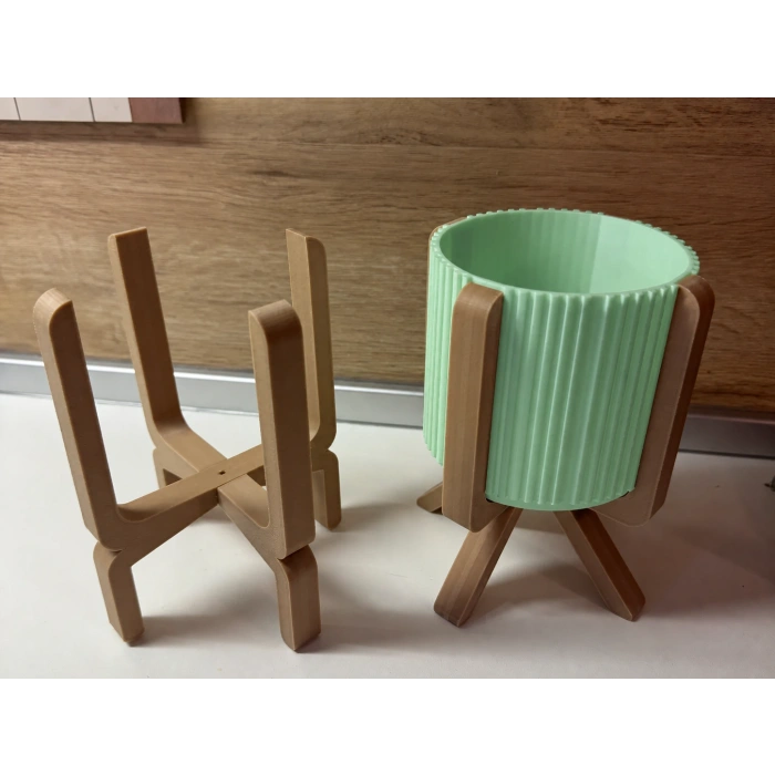 3D Baskı Ayaklı Çizgili Saksı - Bej Standlı Dekoratif Saksı - Mint
