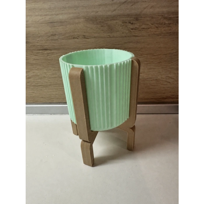 3D Baskı Ayaklı Çizgili Saksı - Bej Standlı Dekoratif Saksı - Mint