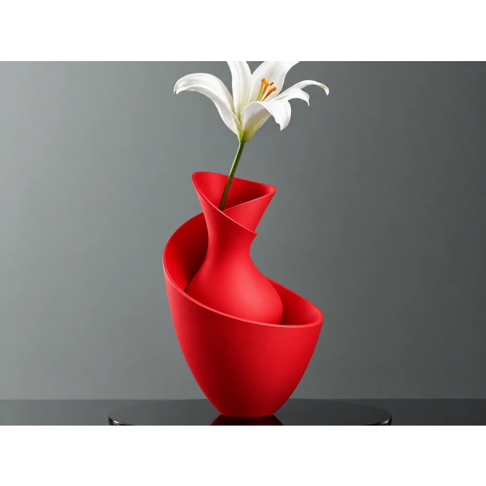 3D Baskı Bold Vazo - Akışkan Formlu Dekoratif Vazo-Kırmızı